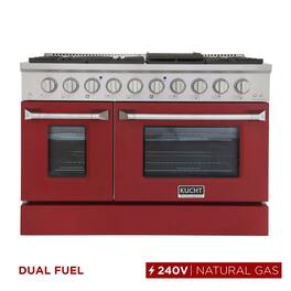 Kucht - 48" Dual Fuel Range for NG, SS/Red Doors, Sealed Burners, Griddle, 2 Ovens (1 Convection) - Red