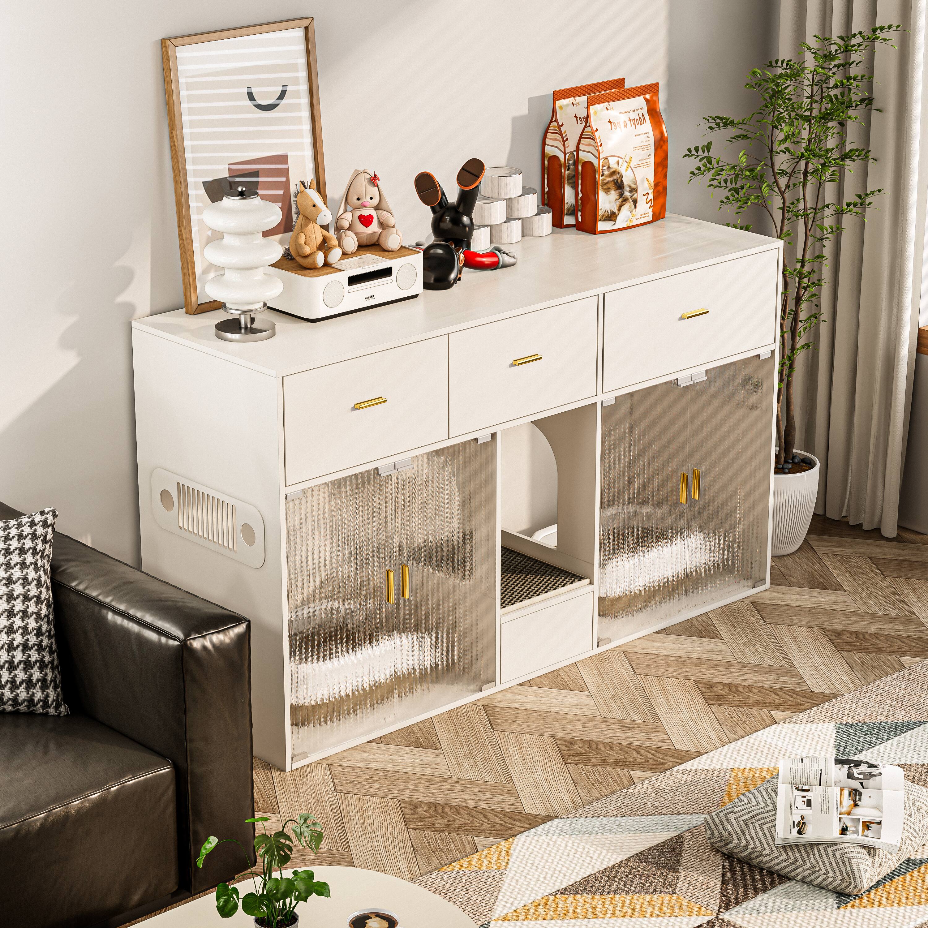 Alt View 3. MSOOB - Cat Litter Box Enclosure for 2 Cats, 61.4'' Furniture Style Double Hidden Kitten Litter Box Cat Cabinet with Storage - White.