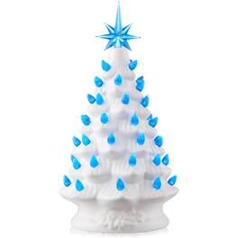 Casafield - 12-in Hand Painted Ceramic Christmas Tree - Pre-Lit Tree with Star - White w/ Pink Blue Lights