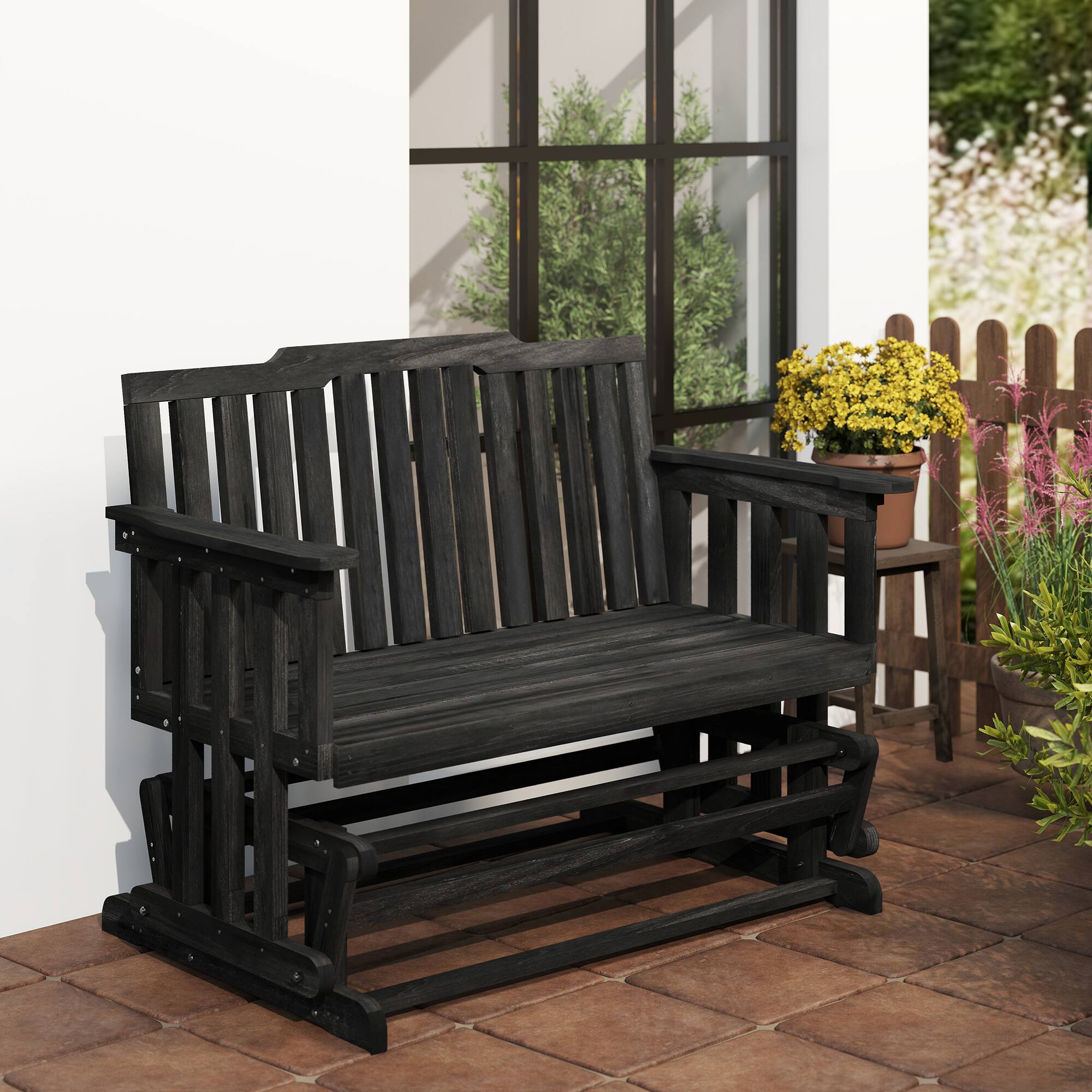 Alt View 8. Outsunny - 2-Person Patio Swing Glider Bench with Quick Drying Design and Wide Armrest, Wood Rocking Chair Loveseat - Black.