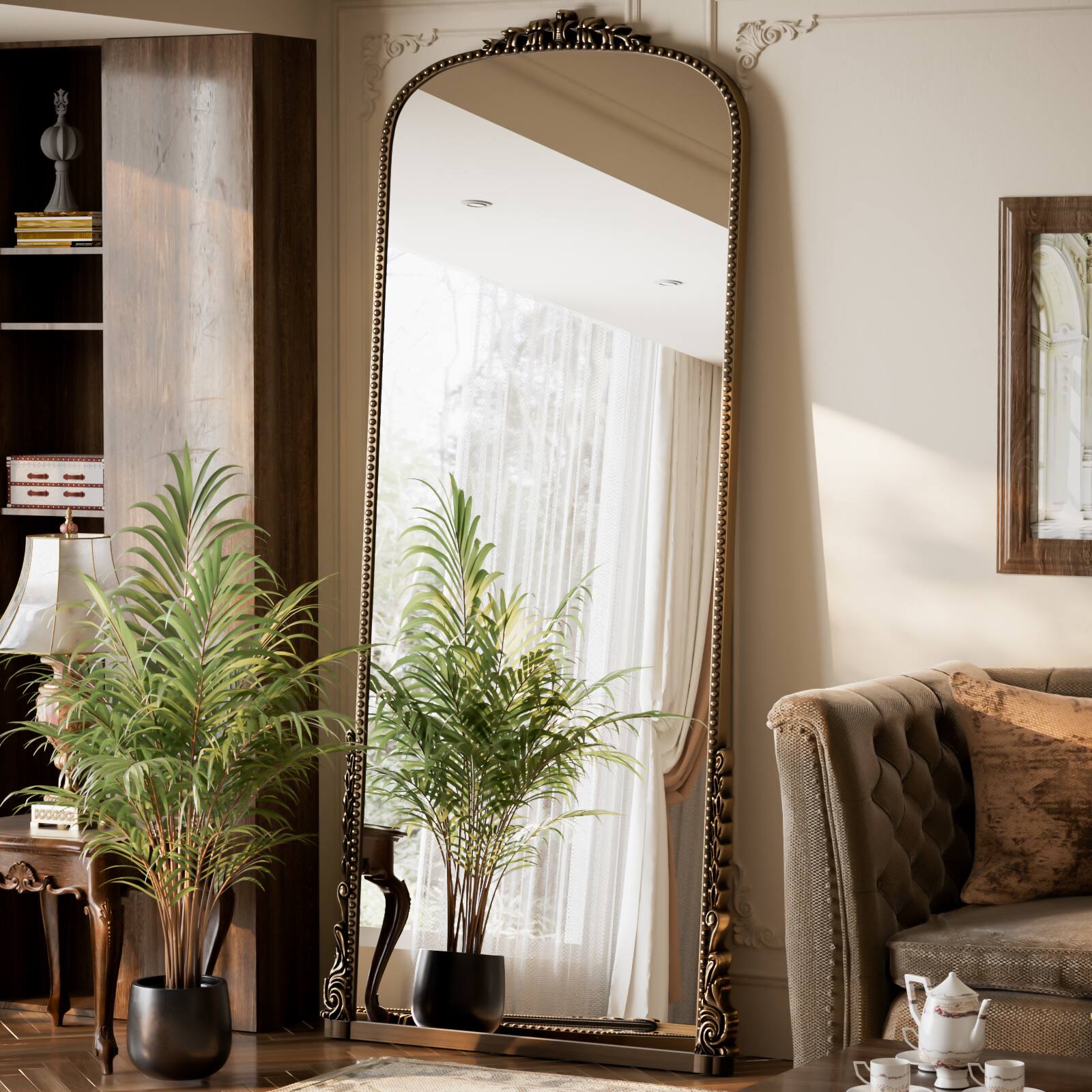 Angle. Easly - Antique Bronze 32 in. W x 71 in. H Carved Arched PU Frame Full Length Floor Mirror - Antique Bronze.