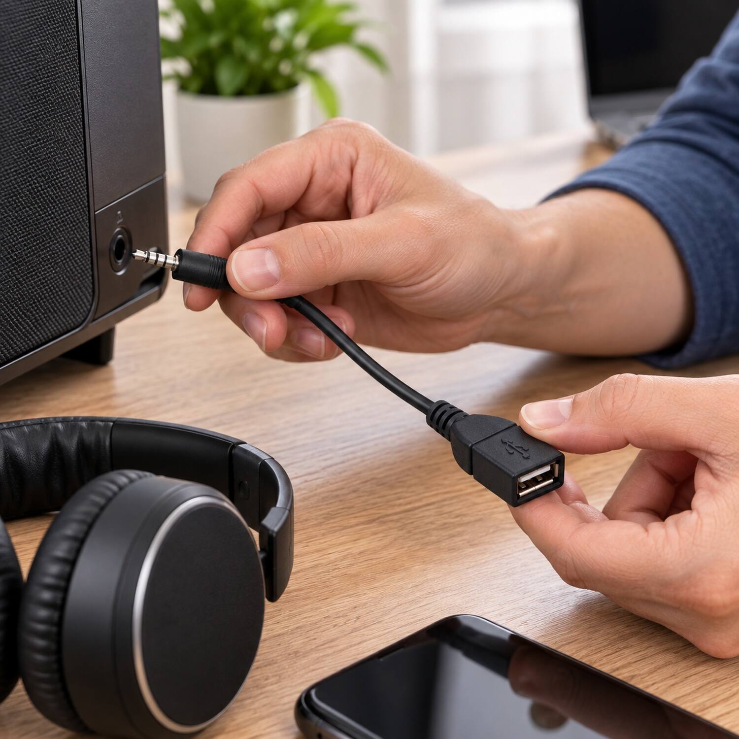 Back. Sanoxy - 3.5mm AUX to USB Adapter Cable High Speed Data Transfer Cable Adapter Durable Plug and Use - Black.