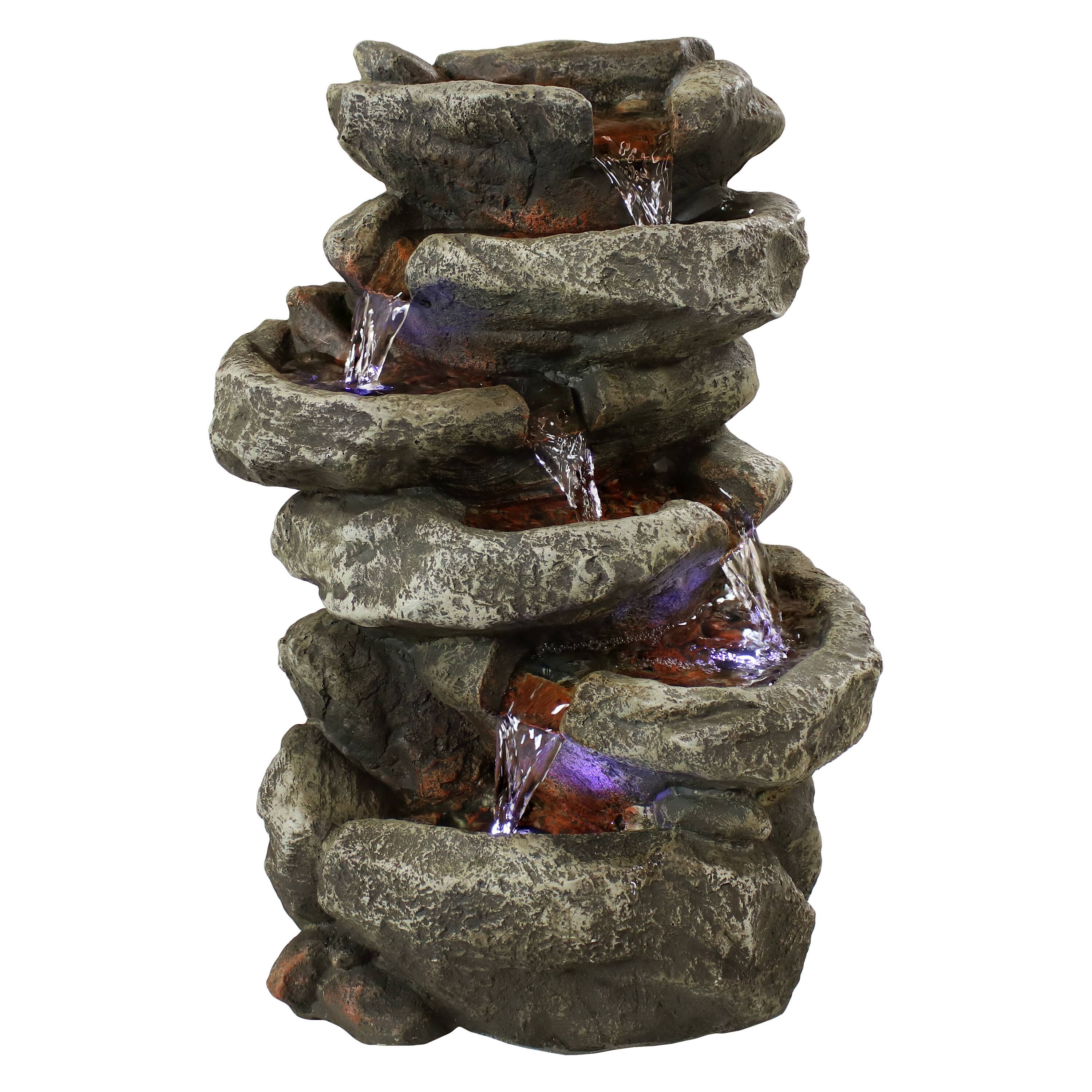 Front. Sunnydaze - Stone Falls Polyresin 6-Tier Indoor Fountain with LED - 15 in - Grey.