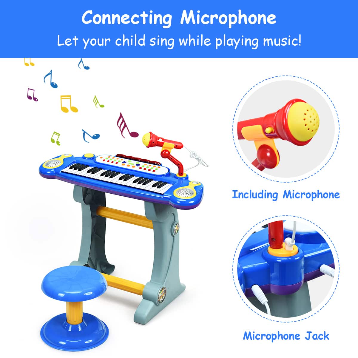 Connecting Microphone: Let your child sing while playing music! Including Microphone and Microphone Jack.