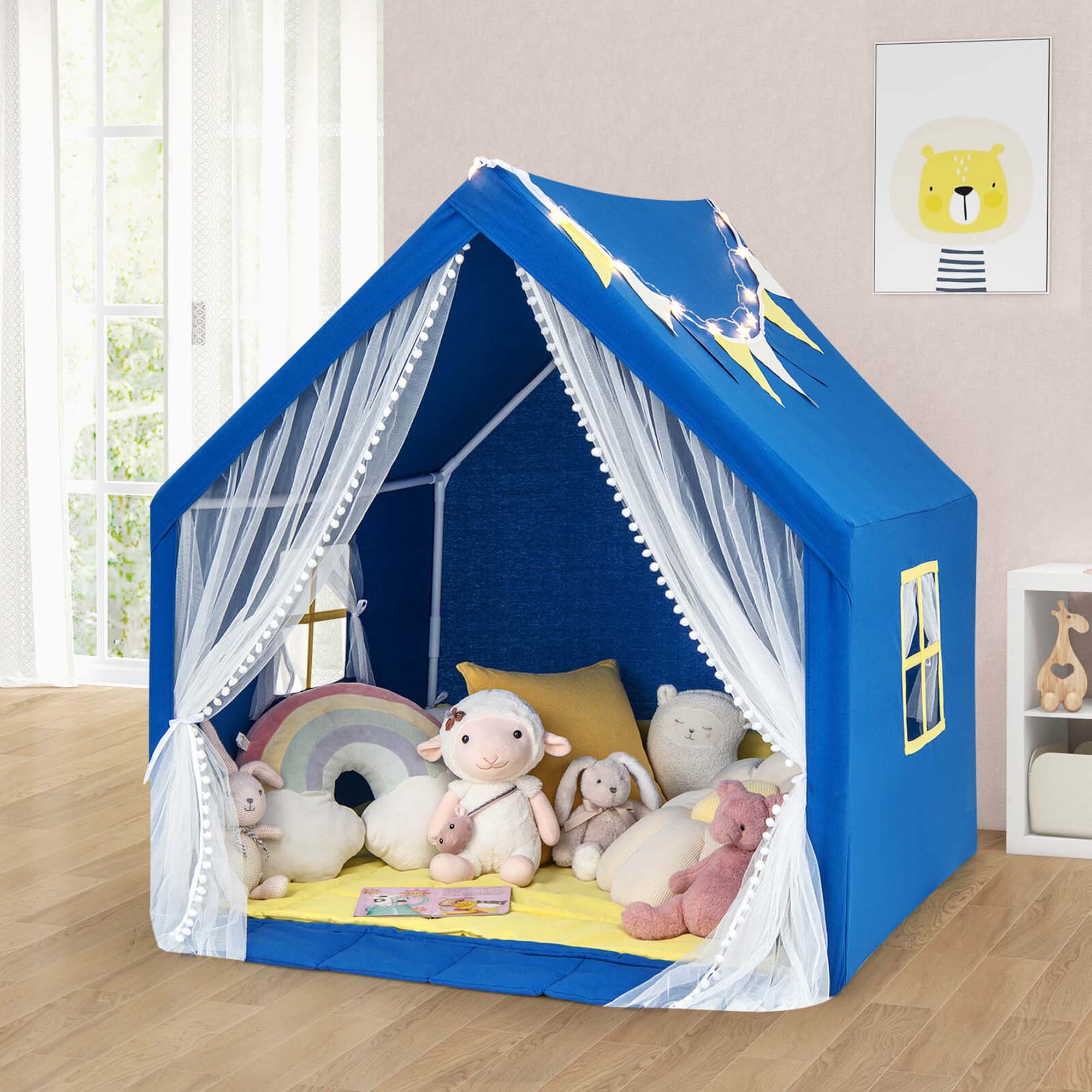 Alt View 1. Costway - Costway Large Play Tent  Kids & Toddlers Playhouse with Washable Cotton Mat, Star Lights - Blue.