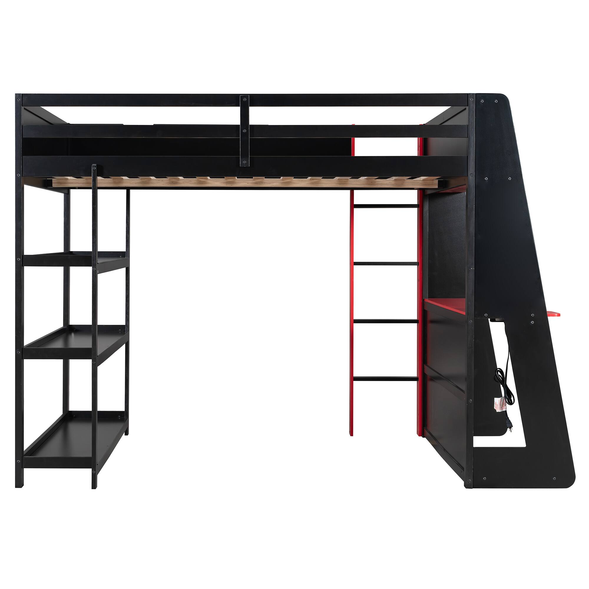 Alt View 10. Whisen - Full Size Loft Bed with Gaming Desk, Built-in Shelves, Power Station & LED Lights for Bedroom - Black|Red.