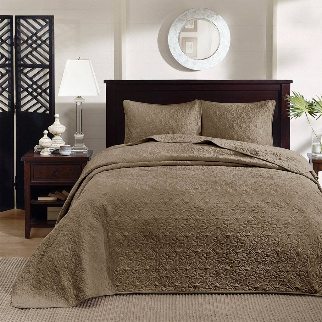 Alt View 1. Gracie Mills - Gracie Mills Sandy Reversible Bedspread Set with Classic Stitch Pattern - Mocha.