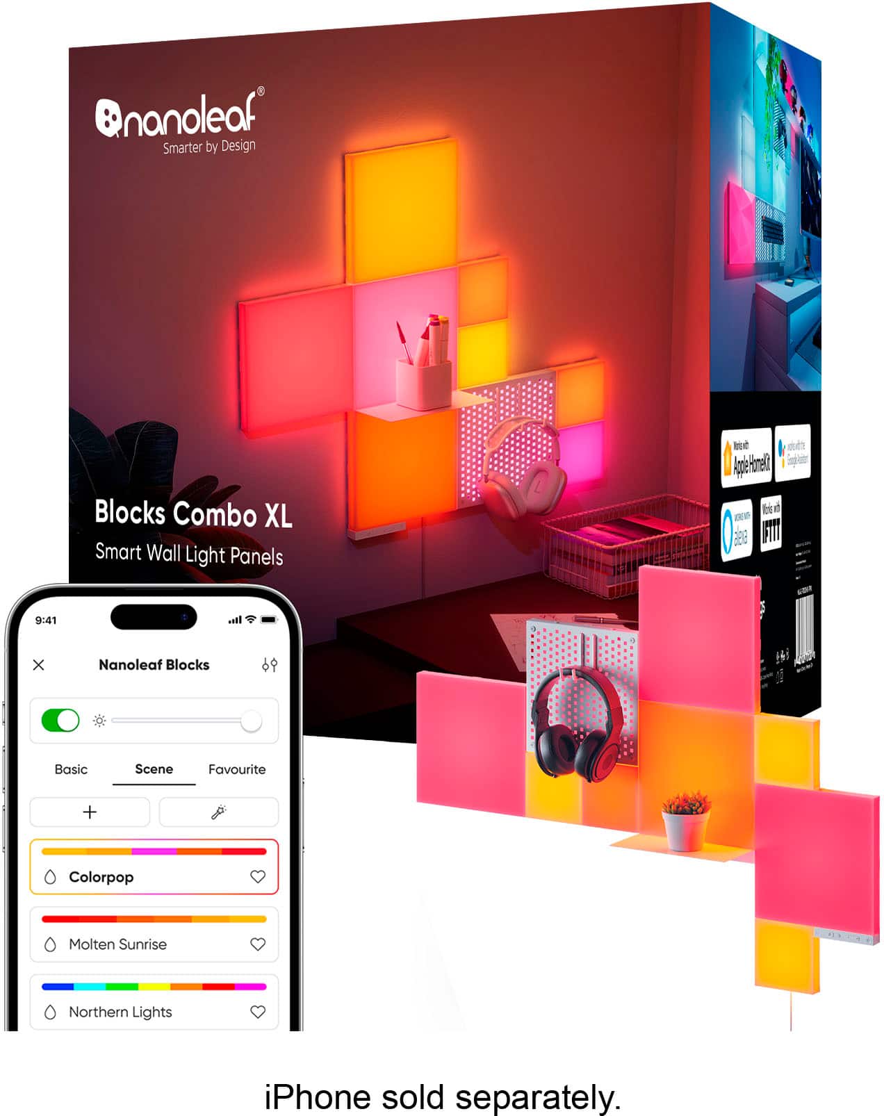 @nanoleaf Smarter by Design Blocks Combo XL Smart Wall Light Panels are available in a variety of colors. The Basic Scene Favourite + Colorpop Molten Sunrise Northern Lights iPhone is sold separately.
