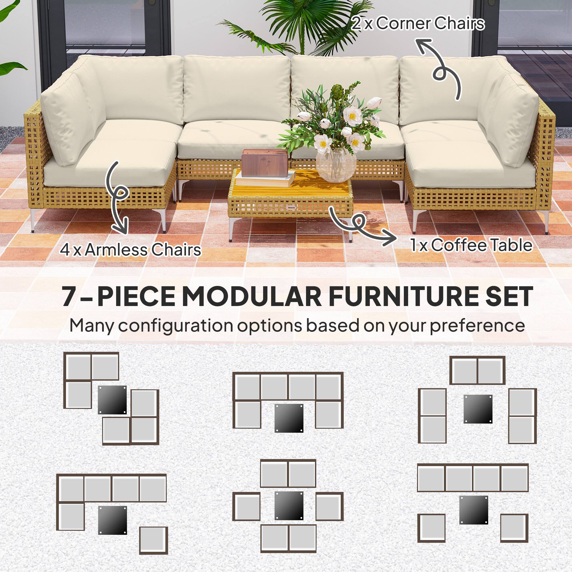 2 x Corner Chairs, 4 x Armless Chairs, 1 x Coffee Table, 7-PIECE MODULAR FURNITURE SET, Many configuration options based on your preference
