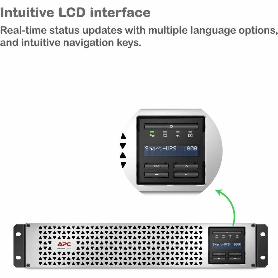 Intuitive LCD interface  
Real-time status updates with multiple language options, and intuitive navigation keys.  

Smart-UPS 1000  
APC