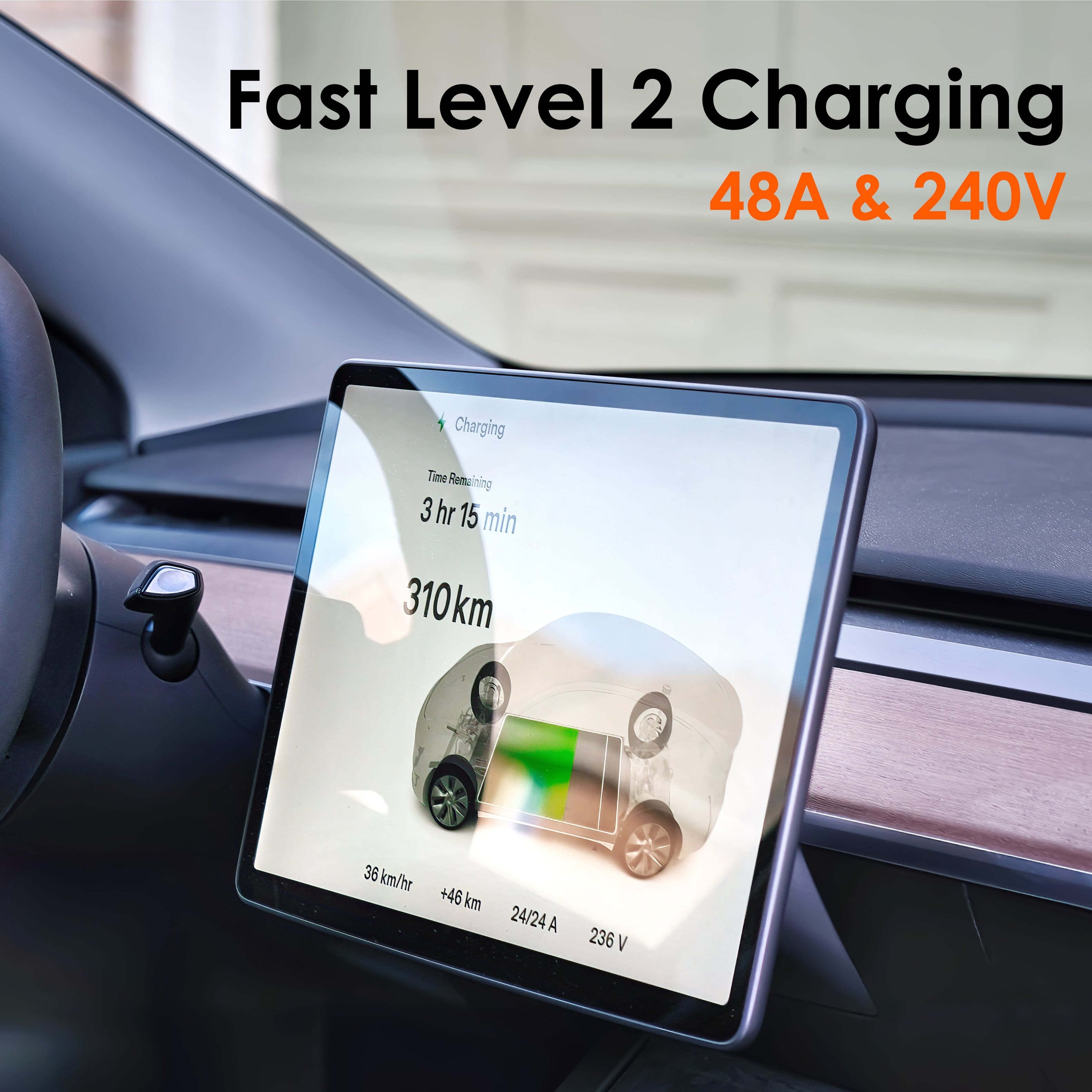 Fast Level 2 Charging
48A & 240V
Charging
Time Remaining: 3 hr 15 min
310 km
36 km/hr +46 km
24/24 A 236 V