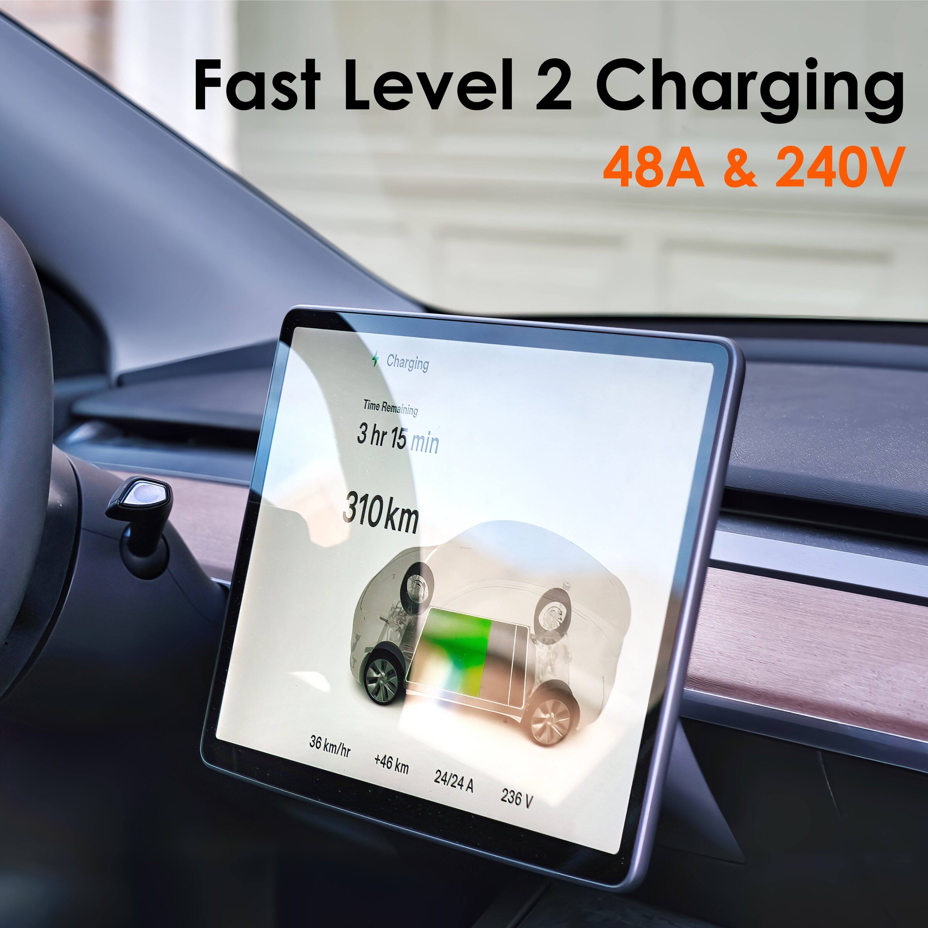 Fast Level 2 Charging  
48A & 240V  

Charging  
Time Remaining: 3 hr 15 min  
310 km  
36 km/hr +46 km  
24/24 A 236 V
