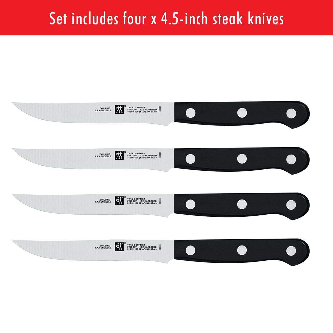 Set includes four x 4.5-inch steak knives