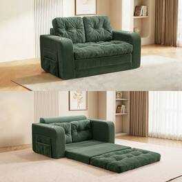 KERDOM - 2 in 1 Small Convertible Loveseat Sofa Bed, Compact Folding Futon Sleeper with Cup Holder, Pull Out Couch for Guest Room - Green