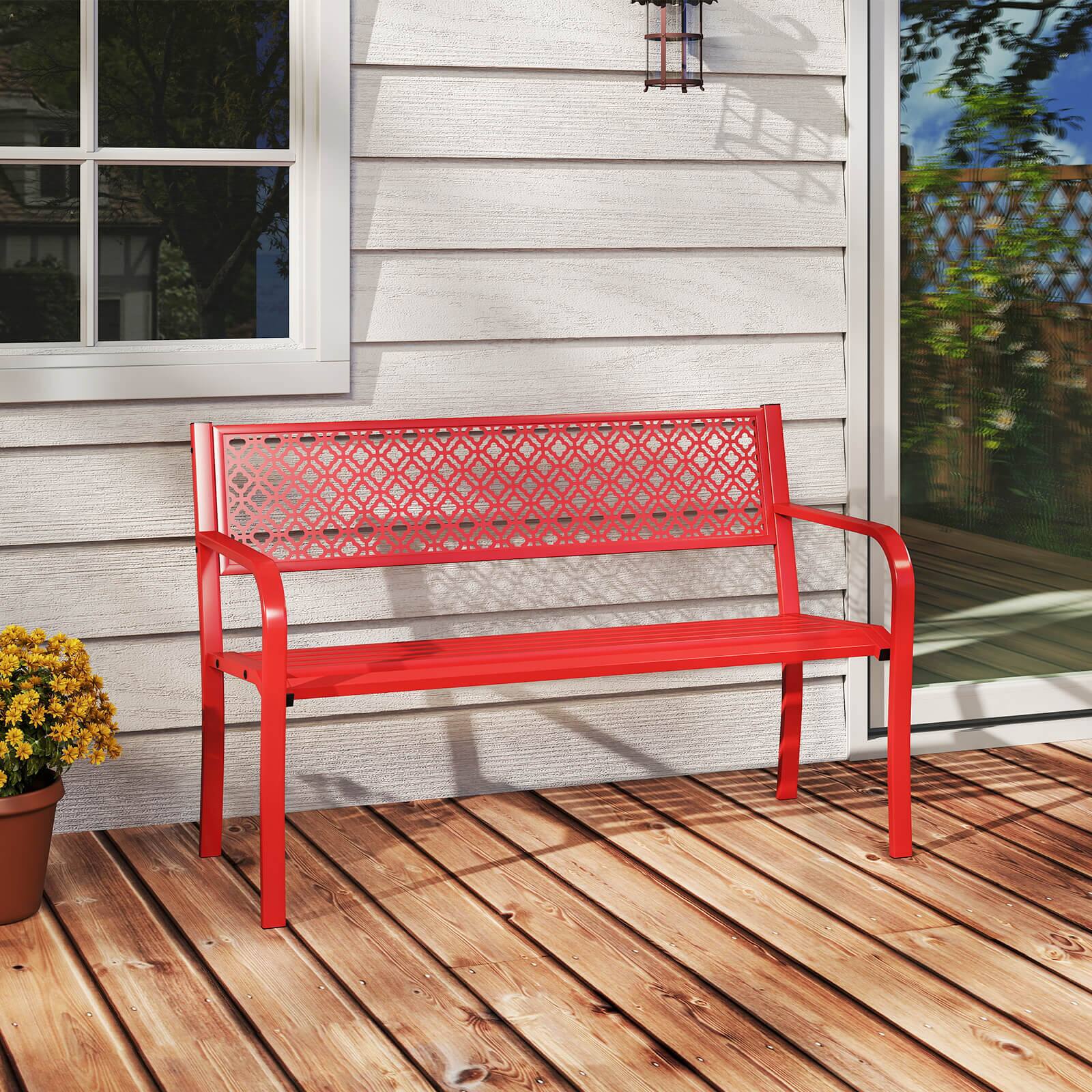 Alt View 1. Costway - Costway 50 Inches Outdoor Metal Garden Bench with Geometric Lattice Backrest Armrests - Red.