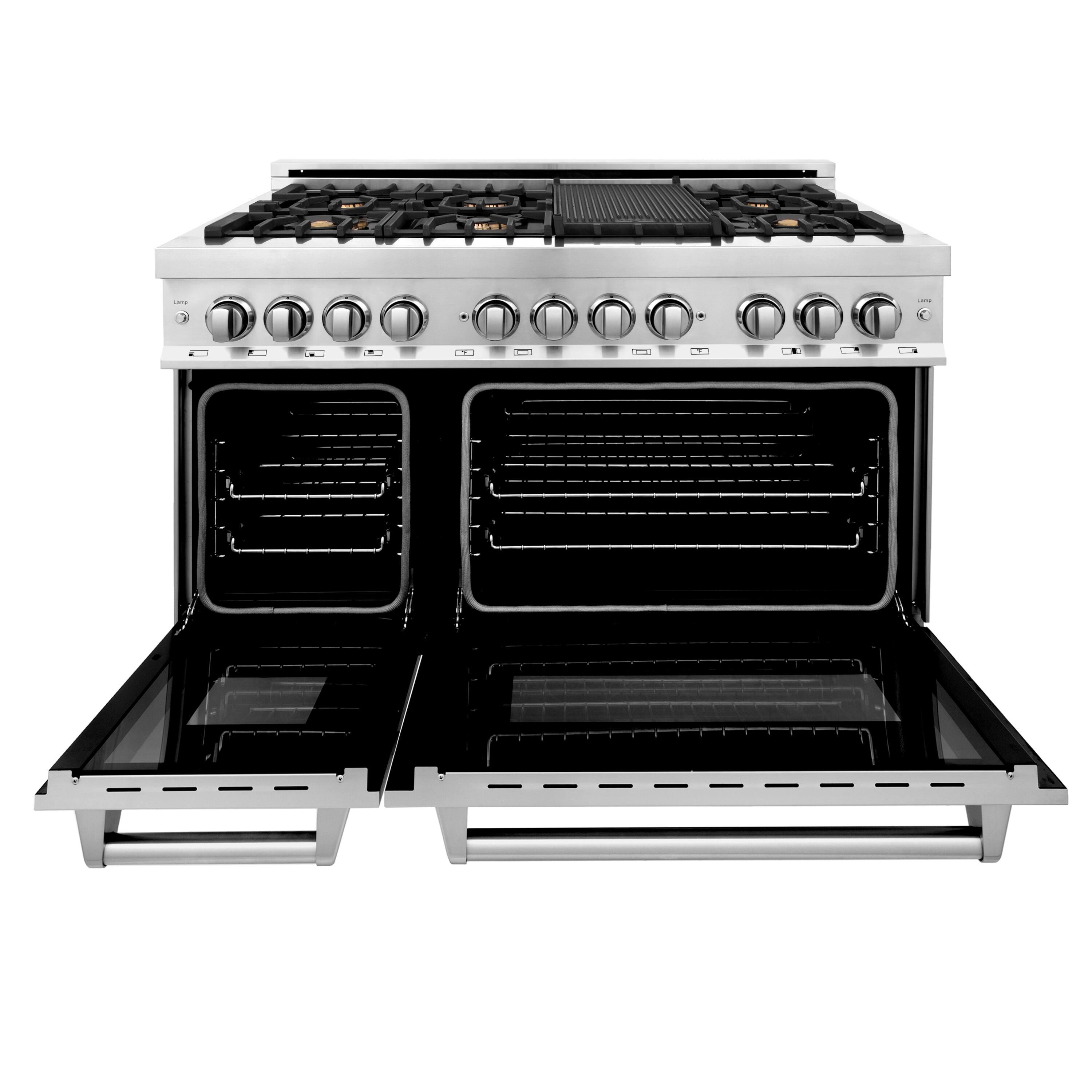 Left. ZLINE - 48" Legacy Dual Fuel Range w/ Gas Cooktop & 2 Electric Ovens w/ 6 Brass Burners (RA-BR-48) - Stainless steel look.