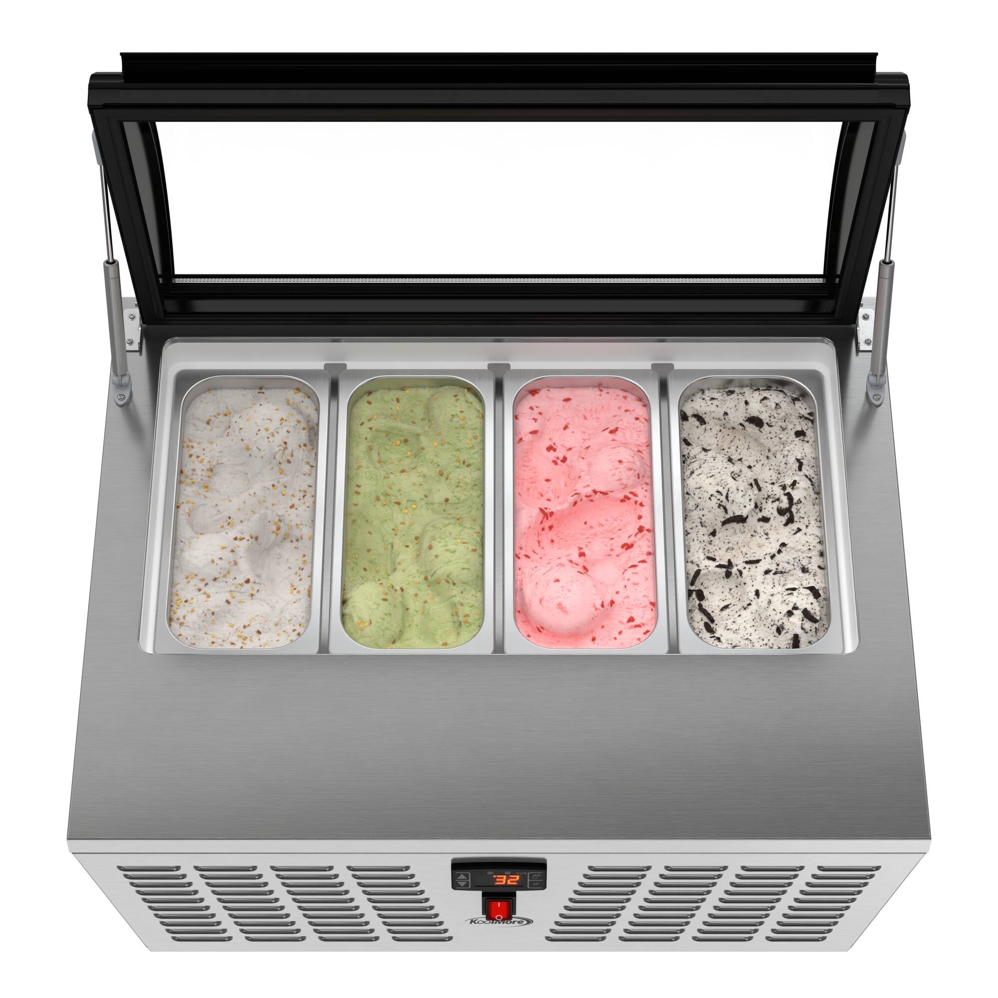 Angle. Koolmore - 32 in. 4-Pan Countertop Ice Cream Display Freezer with Curved Glass Top in Stainless-Steel (KM-CGDR-4P) - Stainless-Steel and Black.