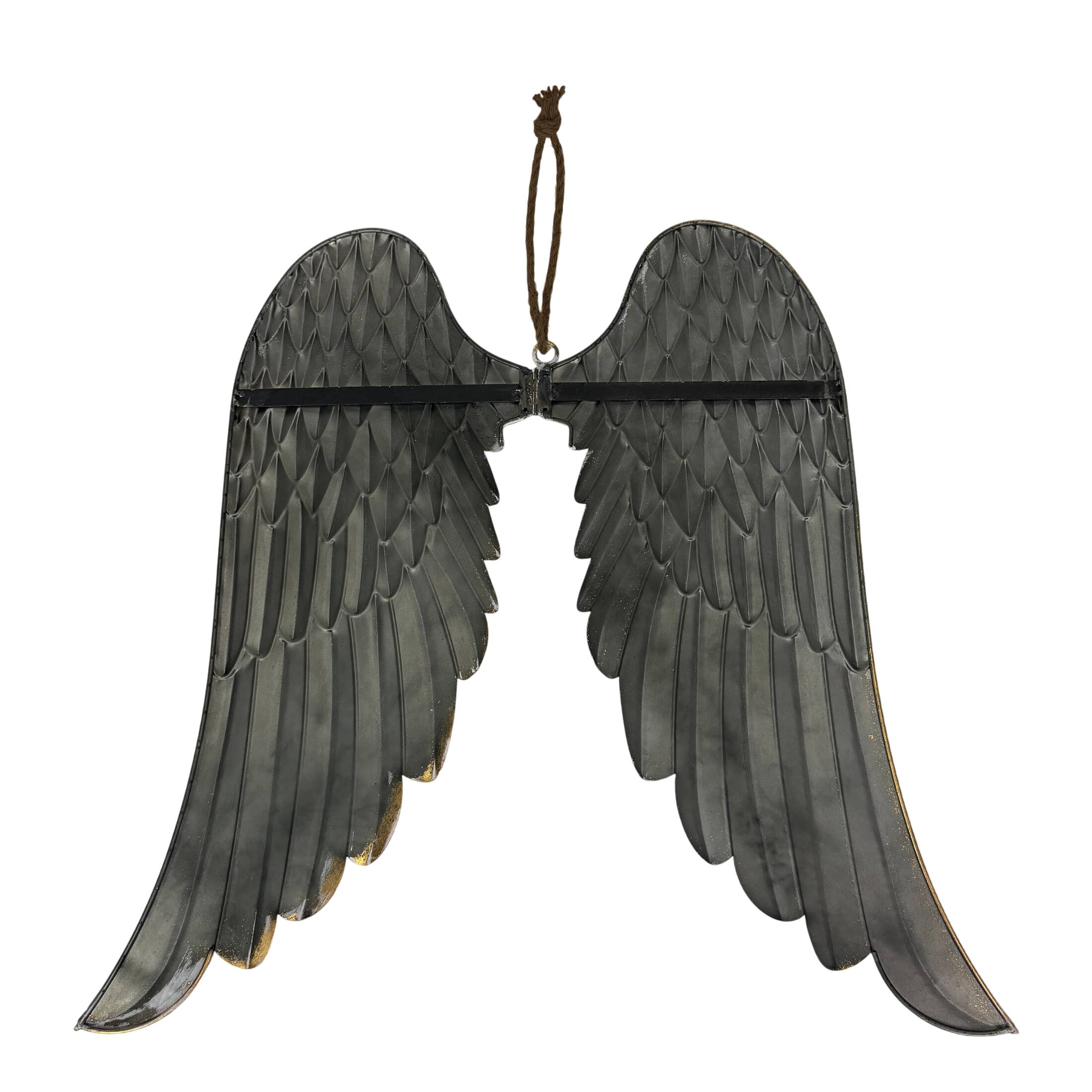 Alt View 2. Zeckos - Metal Angel Wings Wall Sculpture Distressed White with Gold Accents 34 Inch Wide - White.