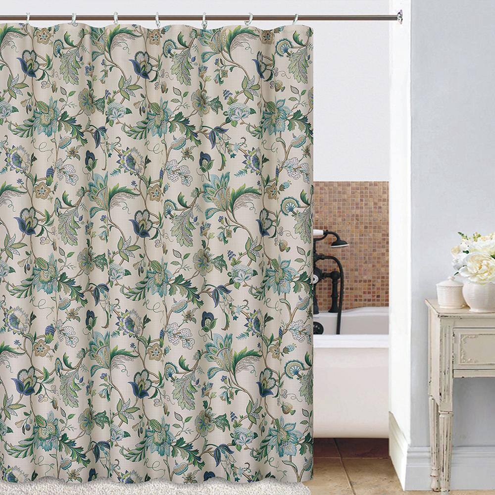 Angle. Ellis Curtain - Ellis Curtain Brissac Classic Floral Design Button Holes Shower Curtain 70" x 72" Blue - Blue.