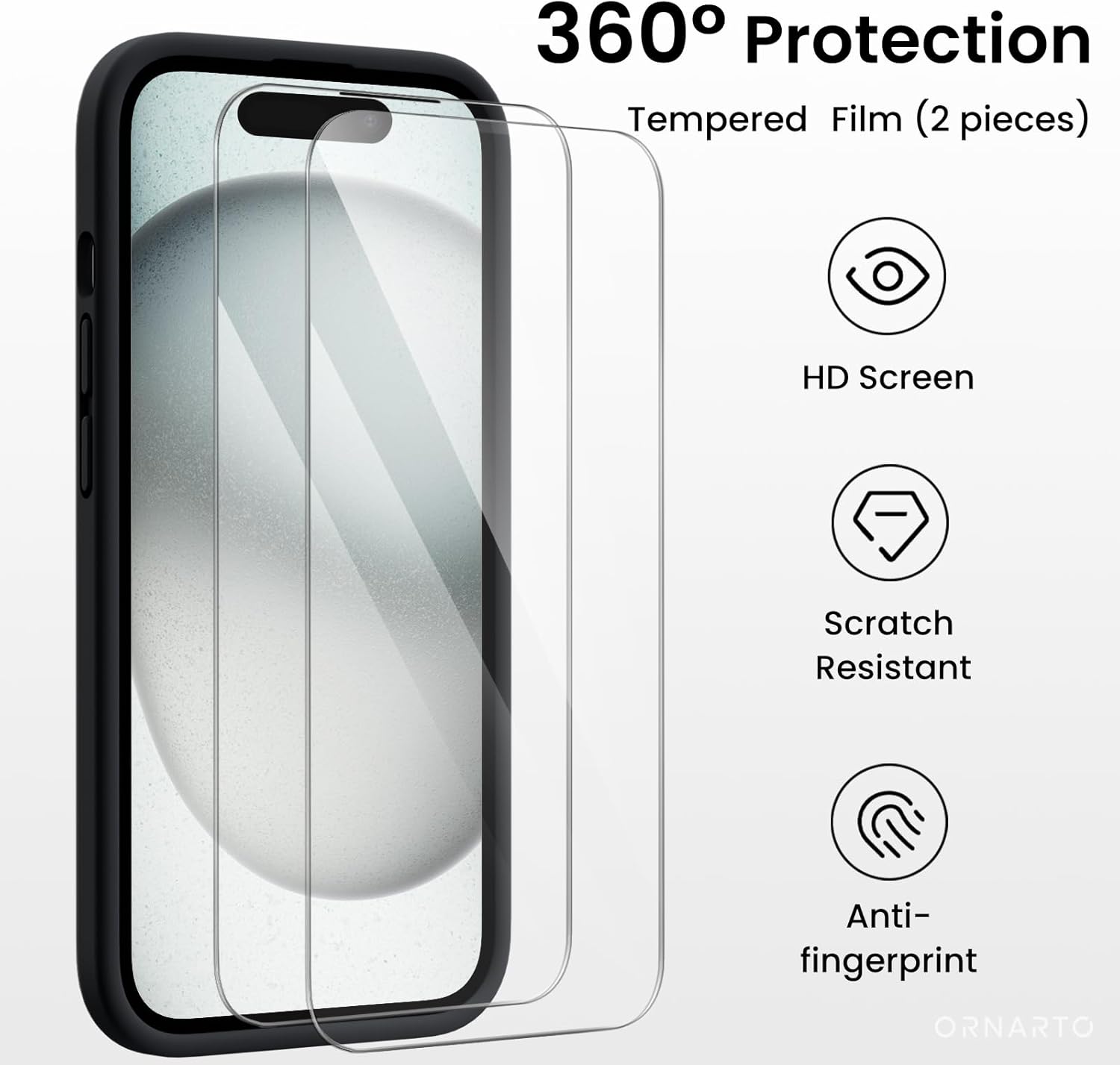 360° Protection, Tempered Film (2 pieces), HD Screen, Scratch Resistant, Anti-fingerprint, ORNARTO