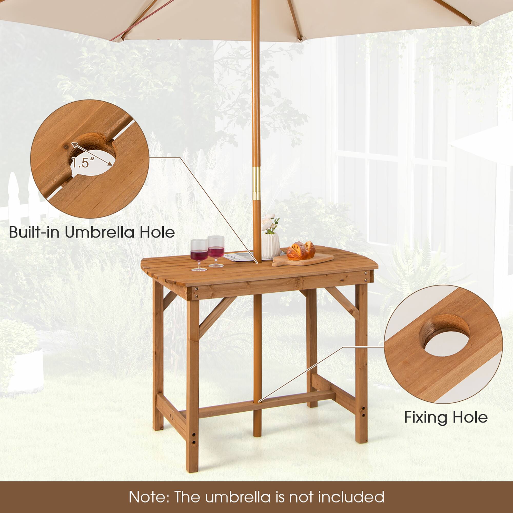 Built-in Umbrella Hole, Fixing Hole, Note: The umbrella is not included