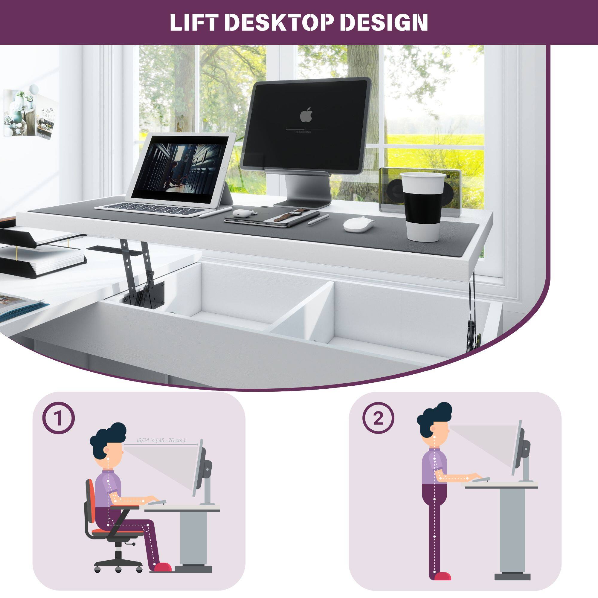 LIFT DESKTOP DESIGN

1. 18-24 in (45-70 cm)
2. 145 in 145-7 45-20 4 20 cm