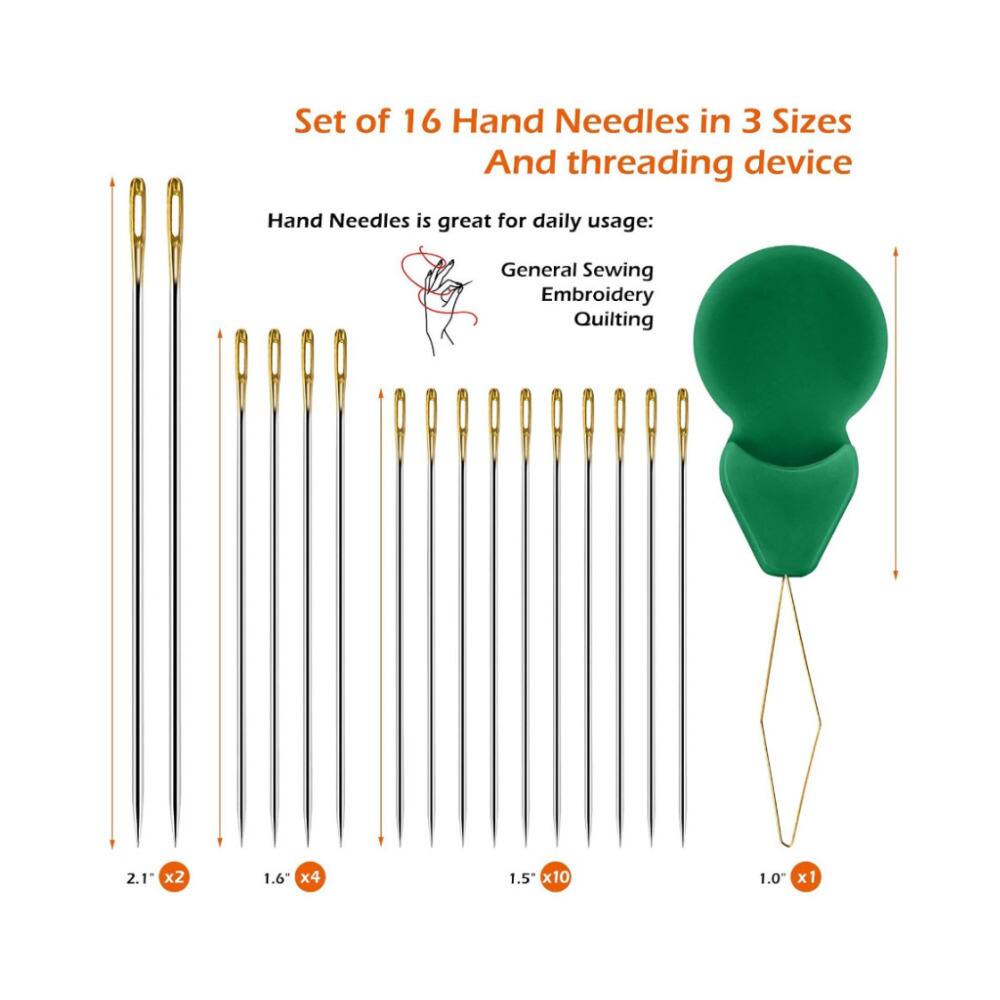 Set of 16 Hand Needles in 3 Sizes And threading device

Hand Needles is great for daily usage:
General Sewing
Embroidery
Quilting

2.1" x2
1.6" x4
1.5" x10
1.0" x1