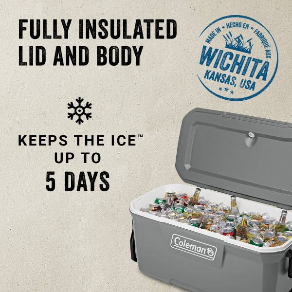 Fully insulated lid and body. Keeps the ice up to 5 days. Made in Wichita, Kansas, USA.