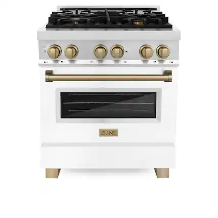 Front. ZLINE - Autograph 30" Legacy Dual Fuel Range w/ 4 Burners & White & Bronze Accents (RAZ-WM-30-CB) - Multicolor.