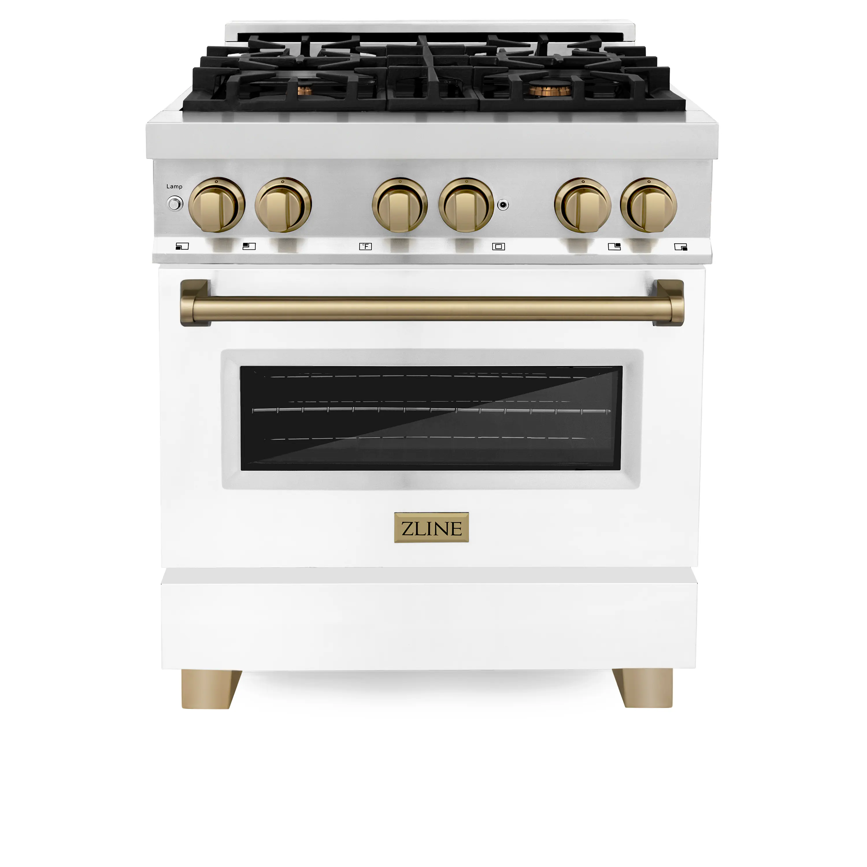 Front. ZLINE - Autograph 30" Legacy Dual Fuel Range w/ 4 Burners & White & Bronze Accents (RAZ-WM-30-CB) - Multicolor.