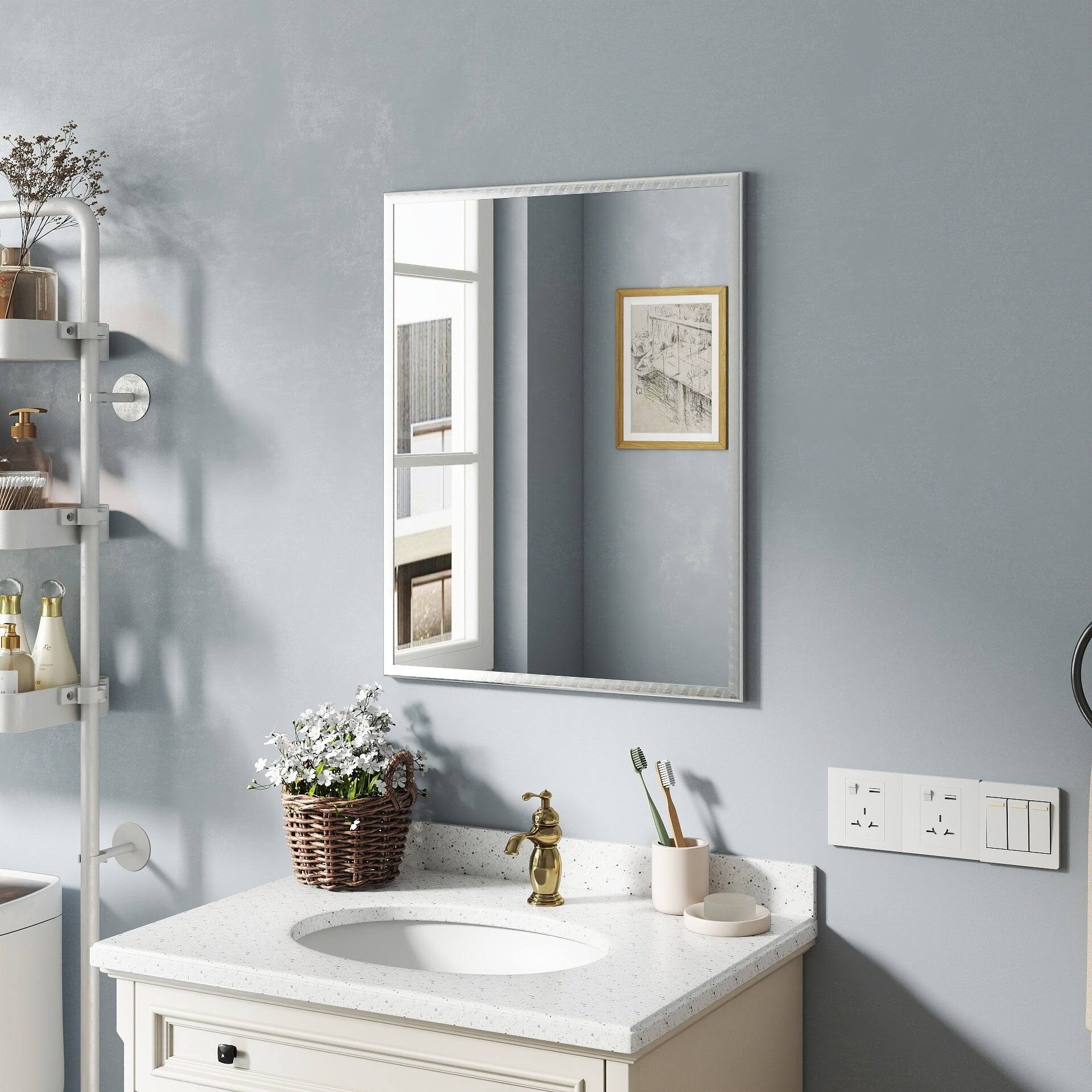 Back. BreeBe - Revamp Your Bathroom with This Compact Yet Stunning 24-inch Aluminum Silver Mirror! - White.