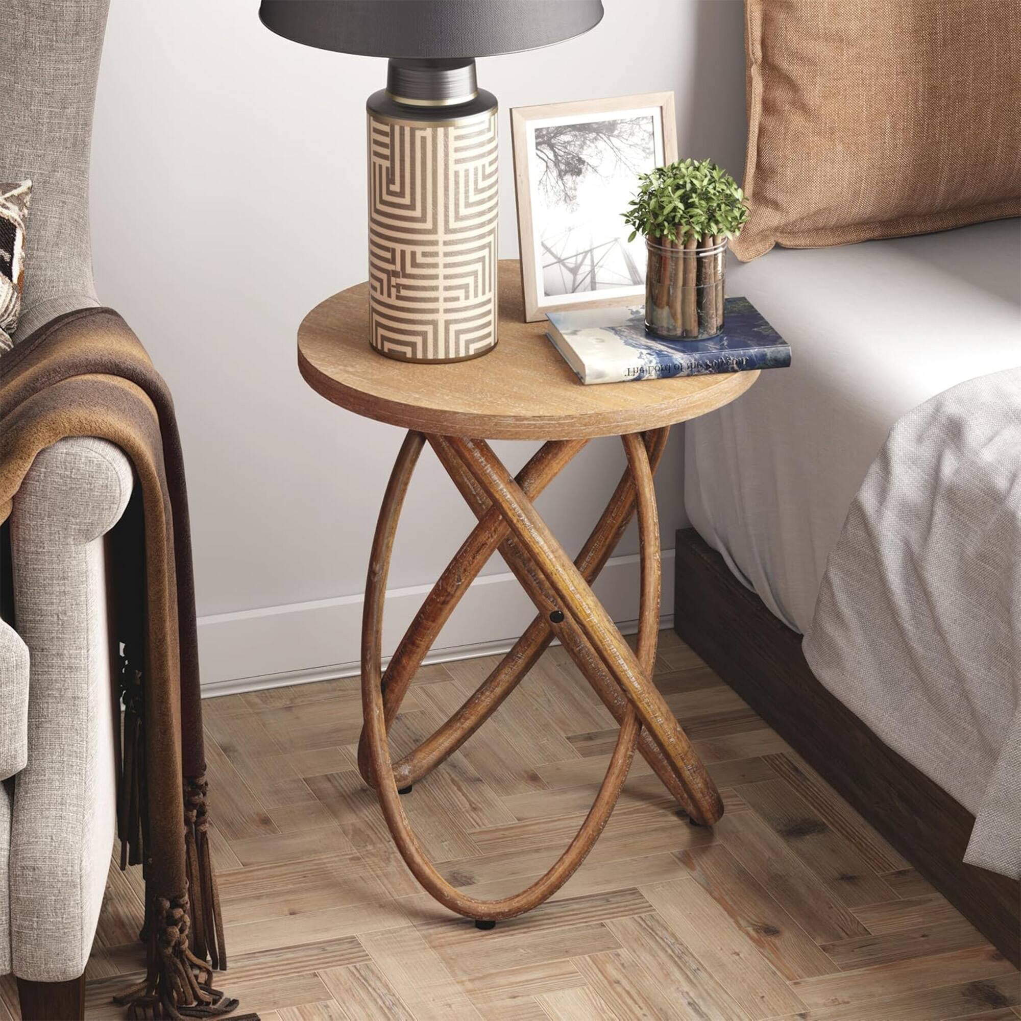 Alt View 6. COZAYH - COZAYH Round End Table with Intertwined Base Design for Home Living Room, Walnut - Walnut.