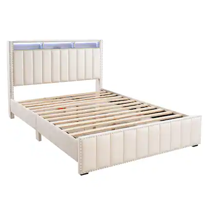Front. Vaczon - Queen Size Contemporary Solid Wood Platform Bed with Upholstered Fabric Foam Headboard – Sturdy and Easy Assembly - Beige.