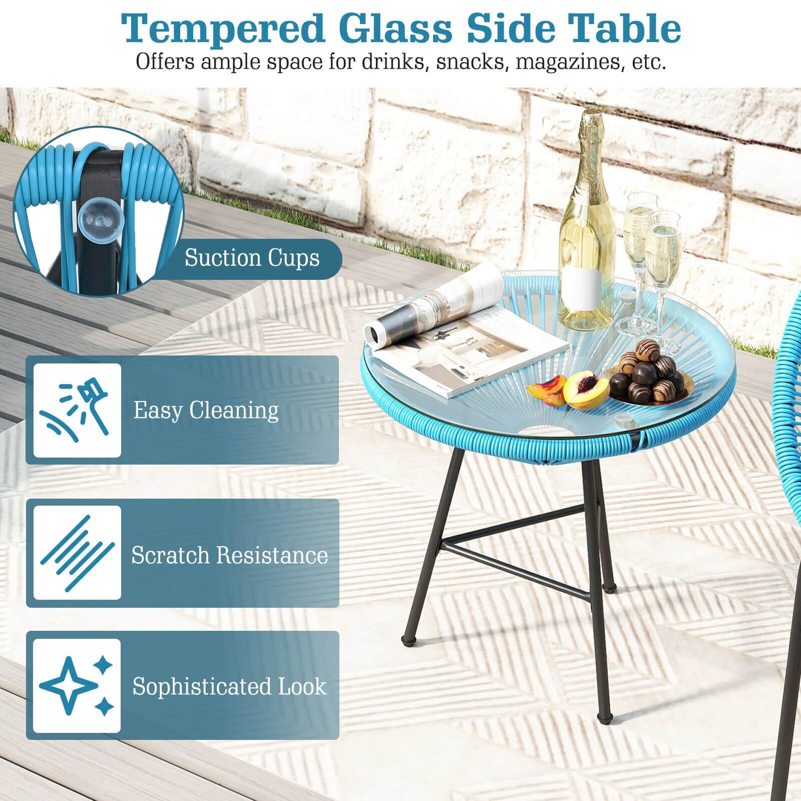 Tempered Glass Side Table  
Offers ample space for drinks, snacks, magazines, etc.  
Suction Cups  
Easy Cleaning  
Scratch Resistance  
Sophisticated Look