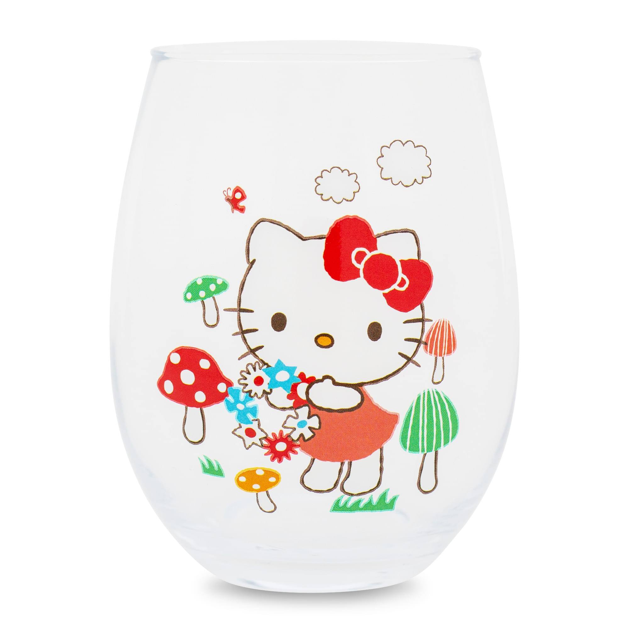 Front. Silver Buffalo - Sanrio Hello Kitty Mushrooms Stemless Wine Glass | Holds 20 Ounces - Red.