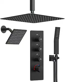 GRANDJOY - Modern Thermostatic Anti-Scald Shower Faucet Set with Multi-Function Head & Flexible Hose - Matte Black