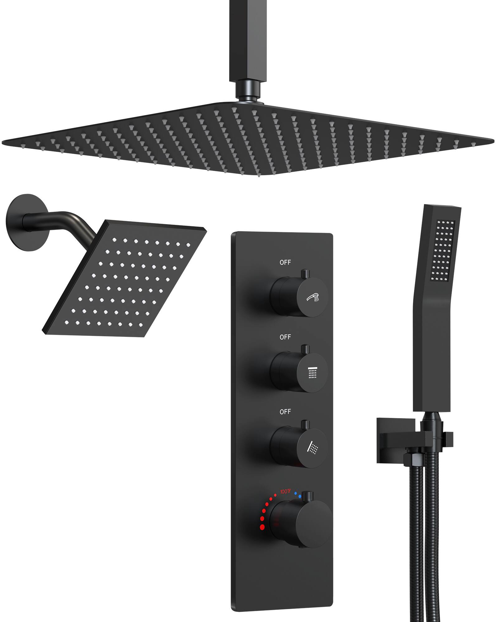 GRANDJOY - Modern Thermostatic Anti-Scald Shower Faucet Set with Multi-Function Head & Flexible Hose - Matte Black
