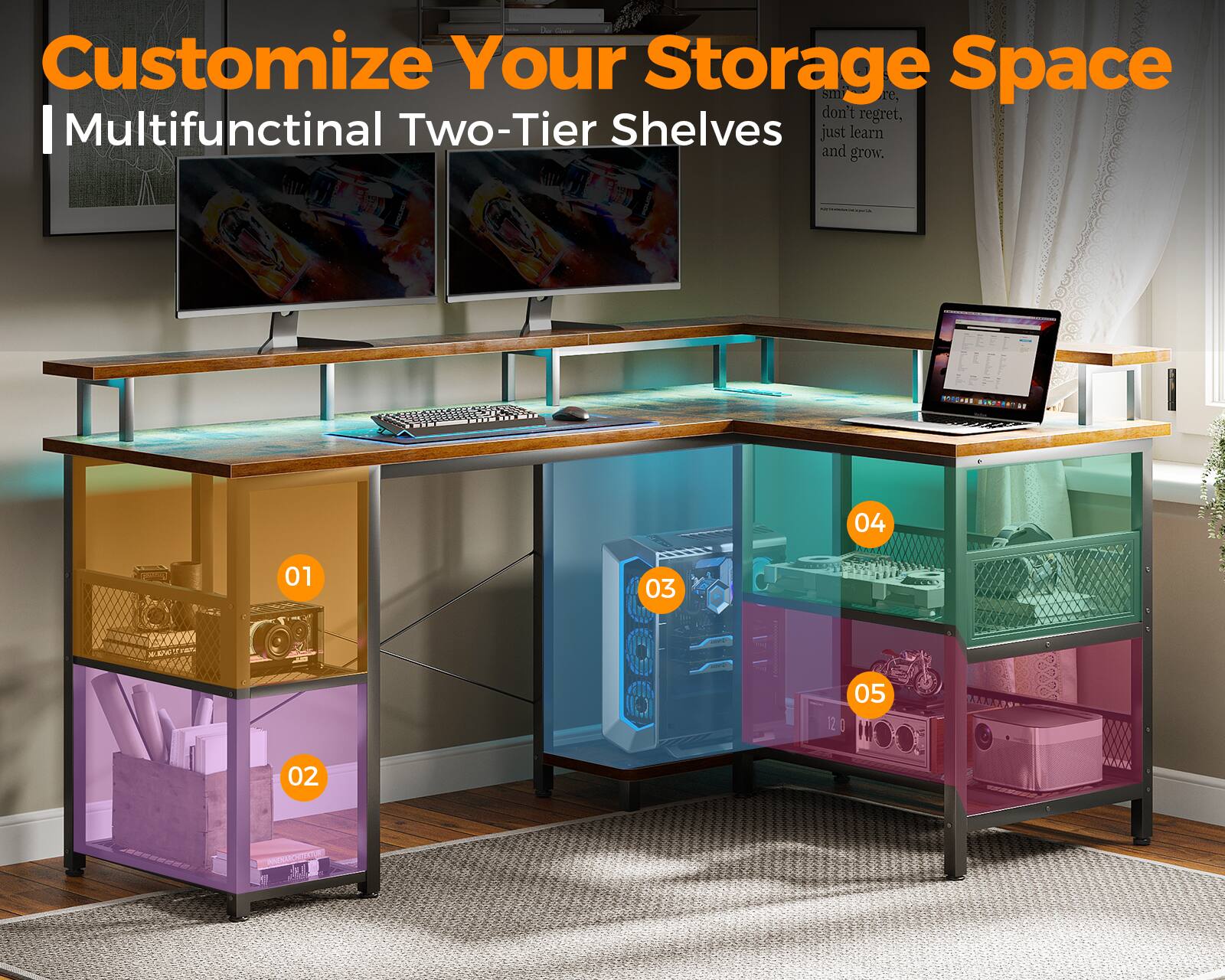 Customize Your Storage Space  
Multifunctional Two-Tier Shelves  

- Customize Your Storage Space, don't regret, I Multifunctional Two-Tier Shelves just learn and grow.  

- 01 02 03 04 05  
- C 1 S.W 05 12 HOO 33303 adaL