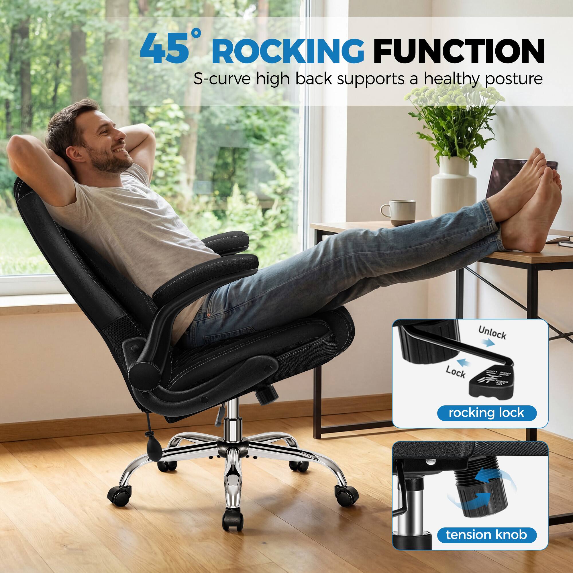 45° ROCKING FUNCTION  
S-curve high back supports a healthy posture  

Unlock Lock rocking lock tension knob