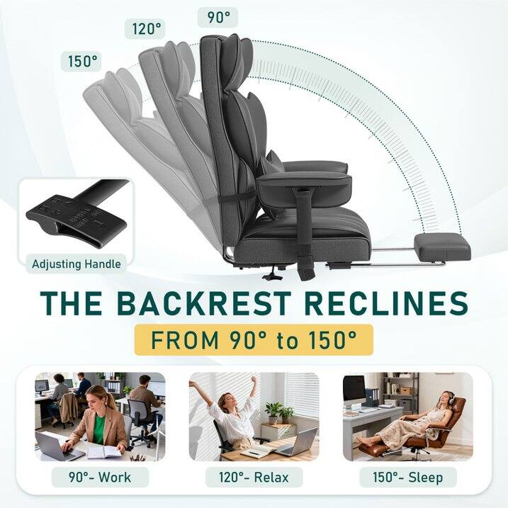 120
90
150
Adjusting Handle
THE BACKREST RECLINES FROM 90° to 150°
90° - Work
120° - Relax
150° - Sleep
