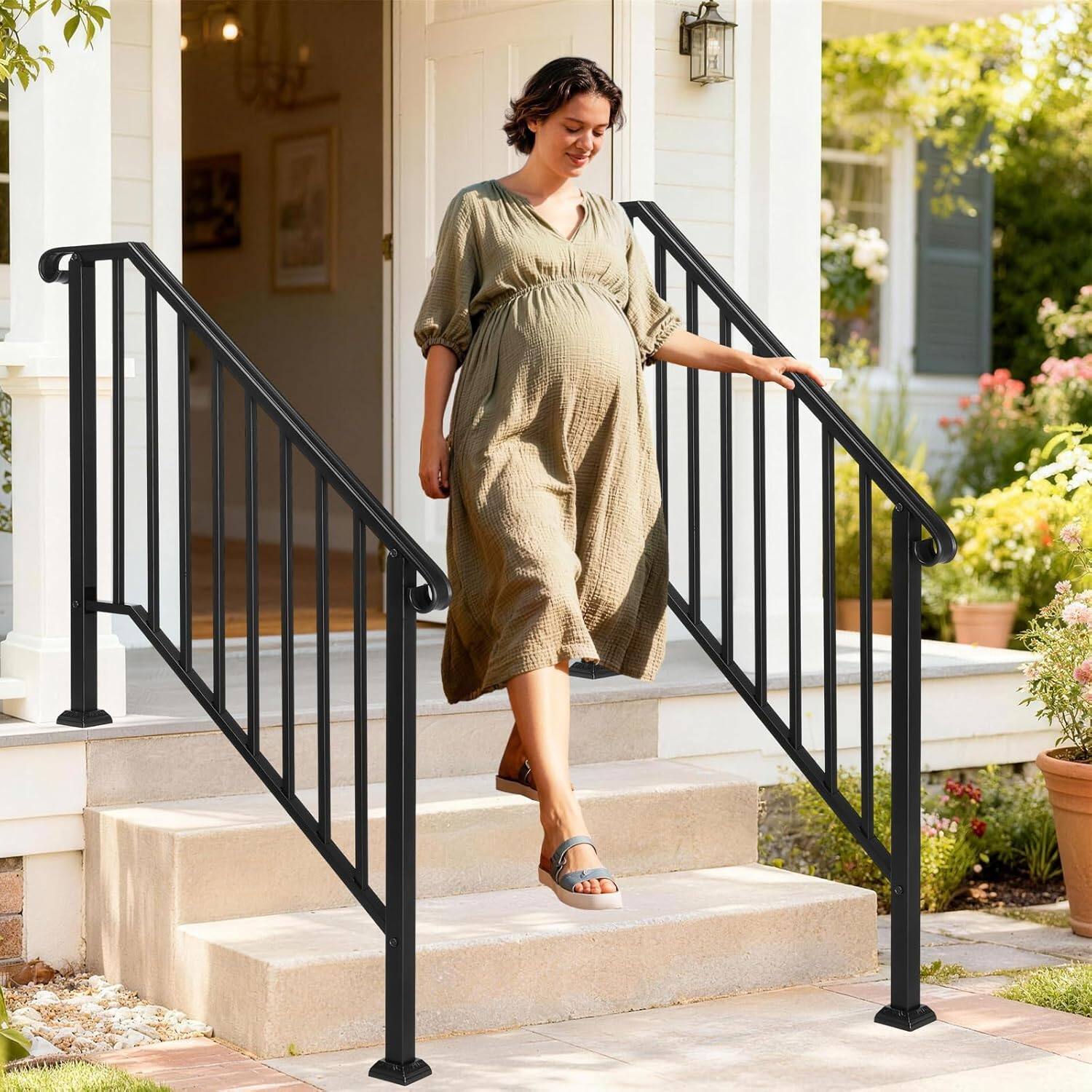 Alt View 7. Winado - Handrails Steps Stair Fits 3-4 Steps, Wrought Iron Hand Rail Stair Railing 1PC for Outdoor Concrete Porch Wooden Steps - Black.