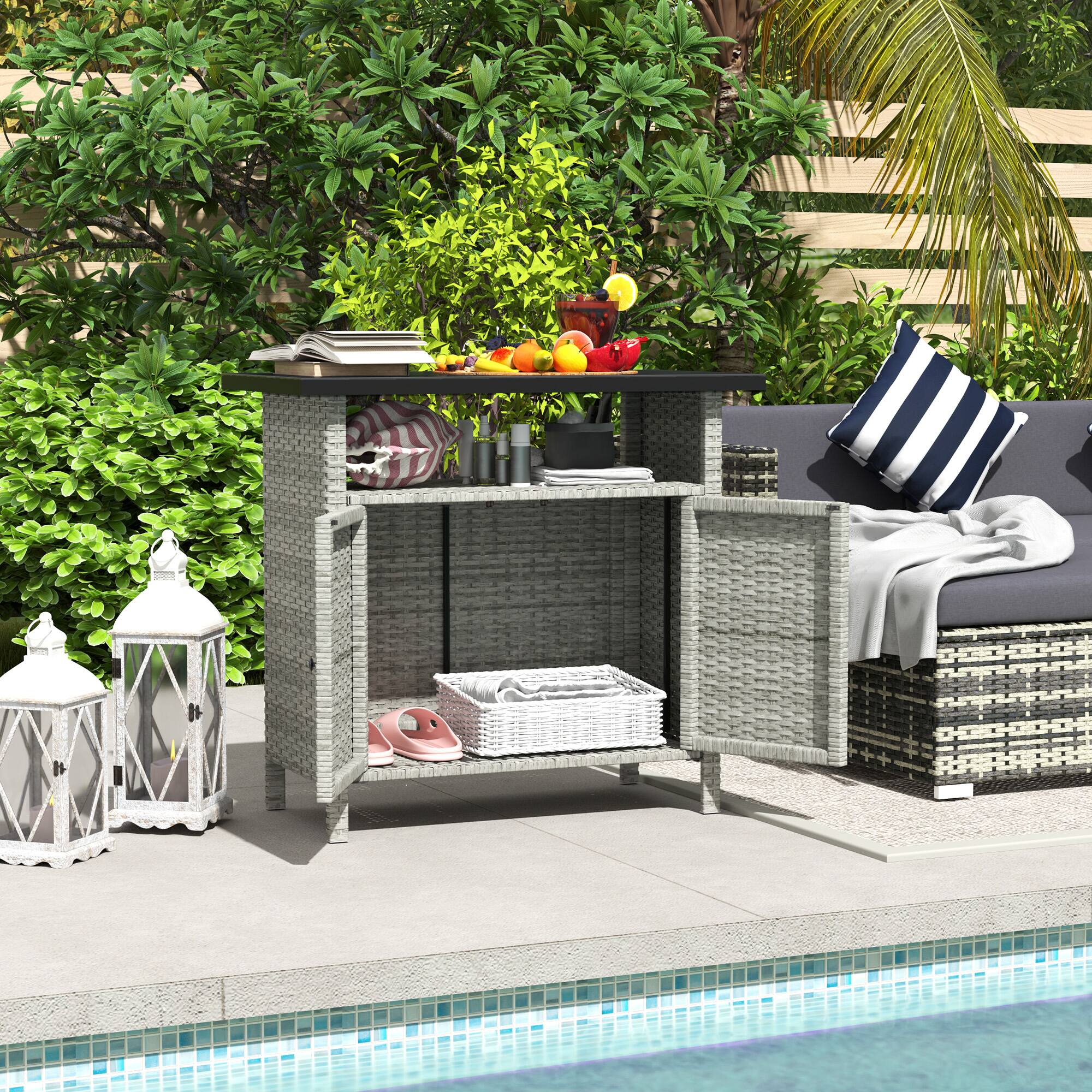 Alt View 1. Outsunny - Wicker Outdoor Storage Cabinet, Rattan Outdoor Bar Table with 2 Doors and Shelf, Outdoor Buffet Cabinet Sideboard - Gray.