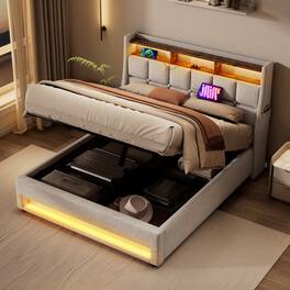 Anysun - Queen Size Upholstered Platform Bed - Hydraulic Storage, LED, Charging Station, No Box Spring, Easy Assembly - Natural