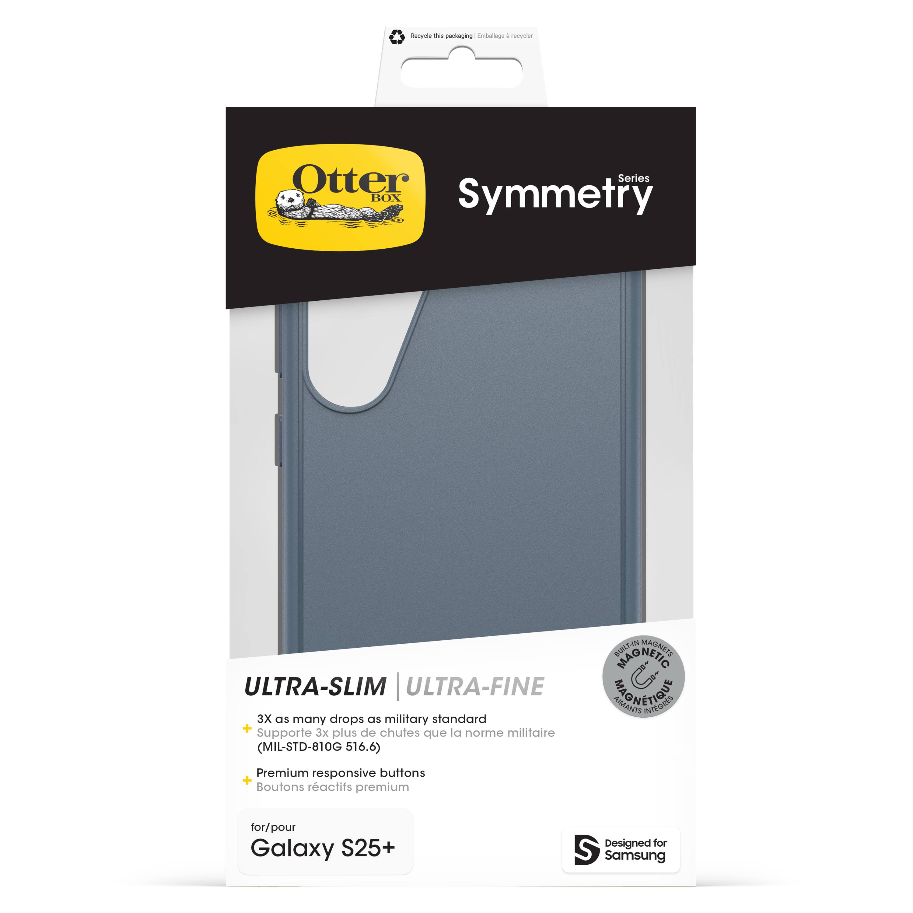 * me gedtoging Enbolnge - rertter Otter Series BOX Symmetry ULTRA-SLIM ULTRA-FINE 3X as many drops as military standard + de chutes la militaire Supporte 3x plus que norme (MIL-STD-810G 516.6) BULTIN MAGNETIO MAGNETS AIMANTS SNONETION AOTORES Premium responsive buttons + Boutons reactifs premium for/pour Galaxy S25+ Designed for Samsung