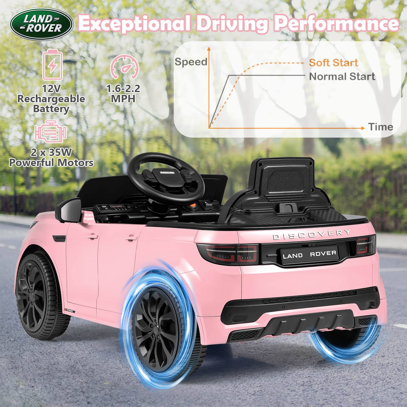 LAND ROVER  
Exceptional Driving Performance  

12V Rechargeable Battery  
1.6-2.2 MPH  
2 x 35W Powerful Motors  

Speed  
Soft Start  
Normal Start  
Time