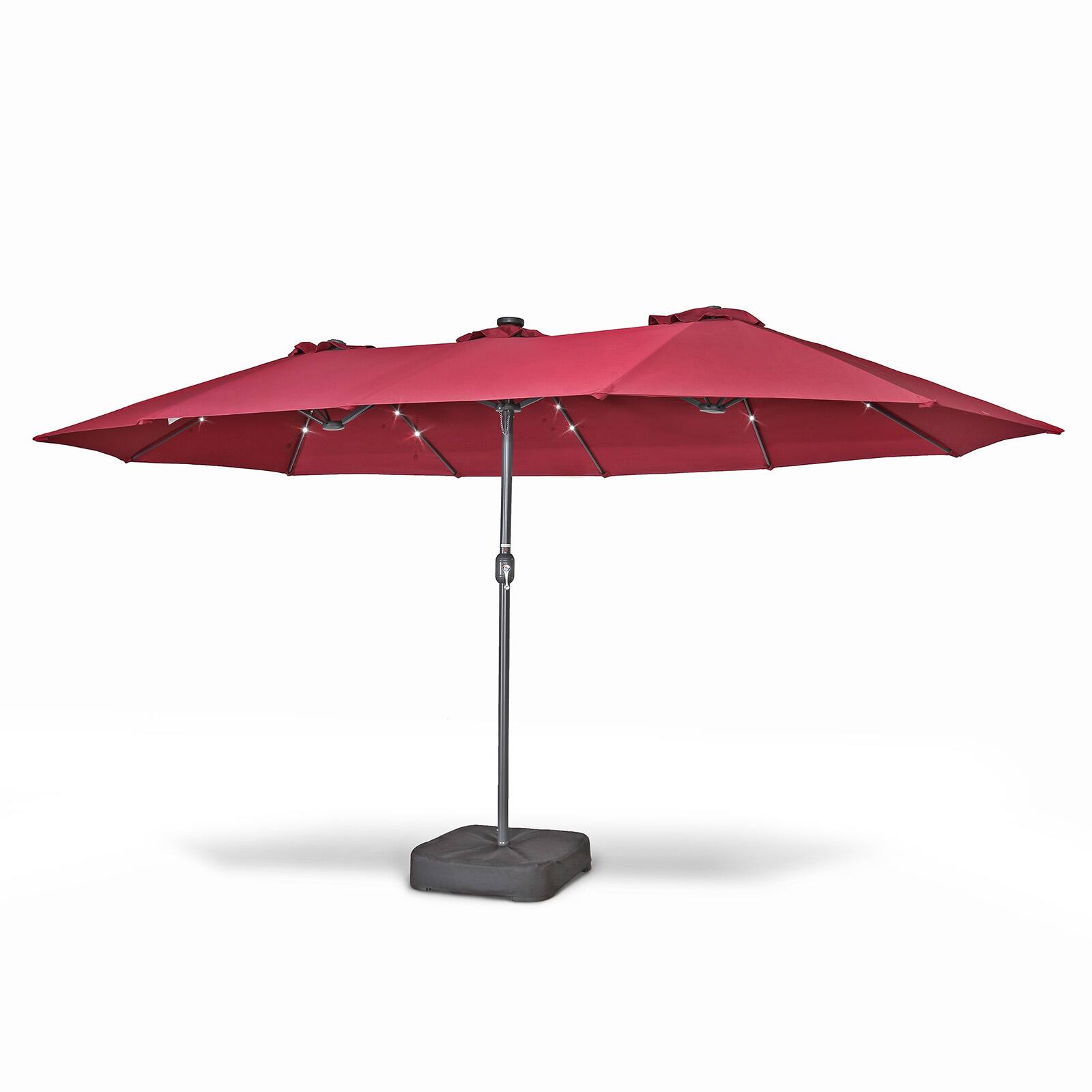 Front. Home Zone Living - HOME ZONE LIVING 15x9ft Double Head Patio Umbrella w/ Base, 36 LED Lights, Sand Bags, Burgundy.