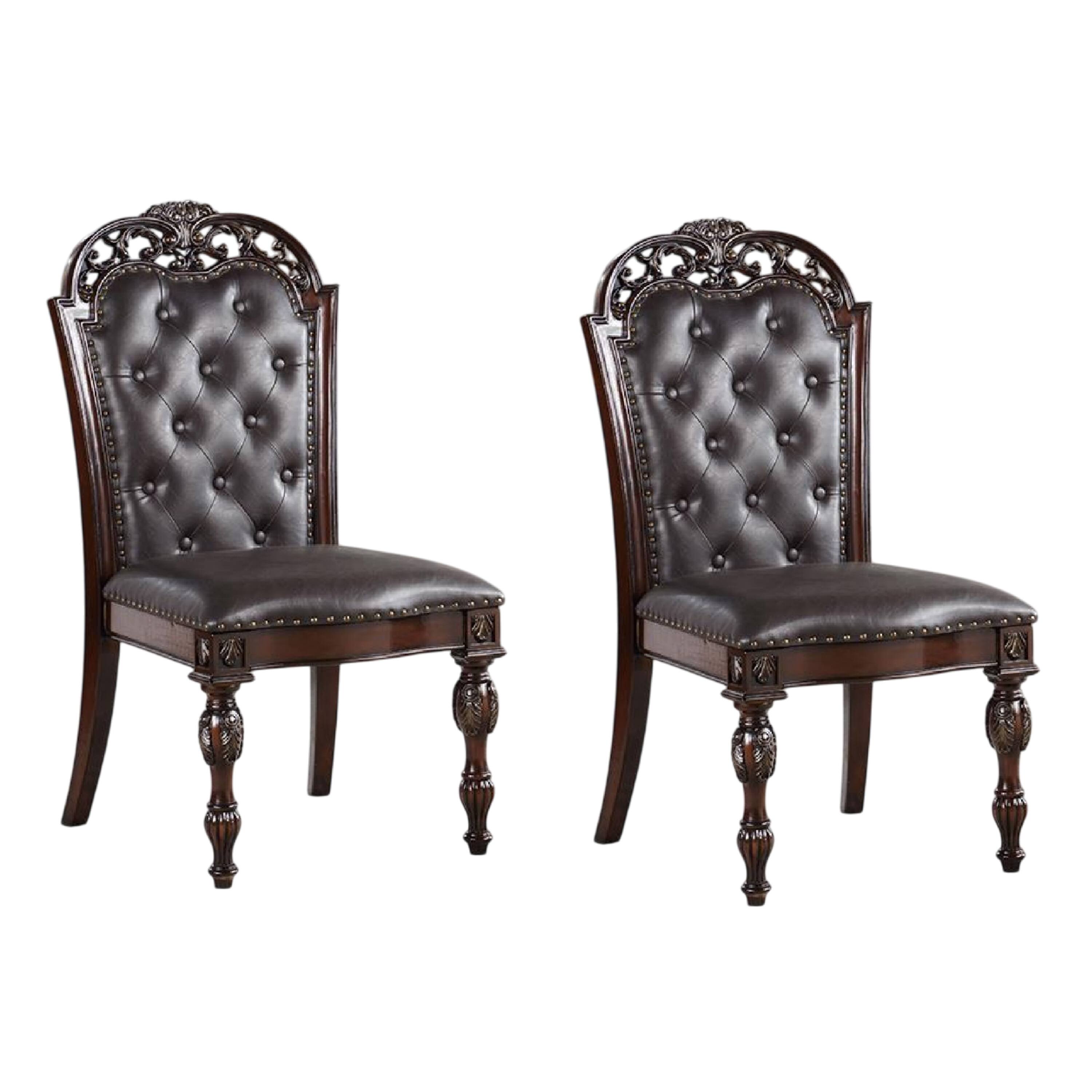 Manhattan Lane - Eva Side Dining Chair Set of 2, Rivet Trim, Brown Tufted Faux Leather - Brown Cherry, Espresso