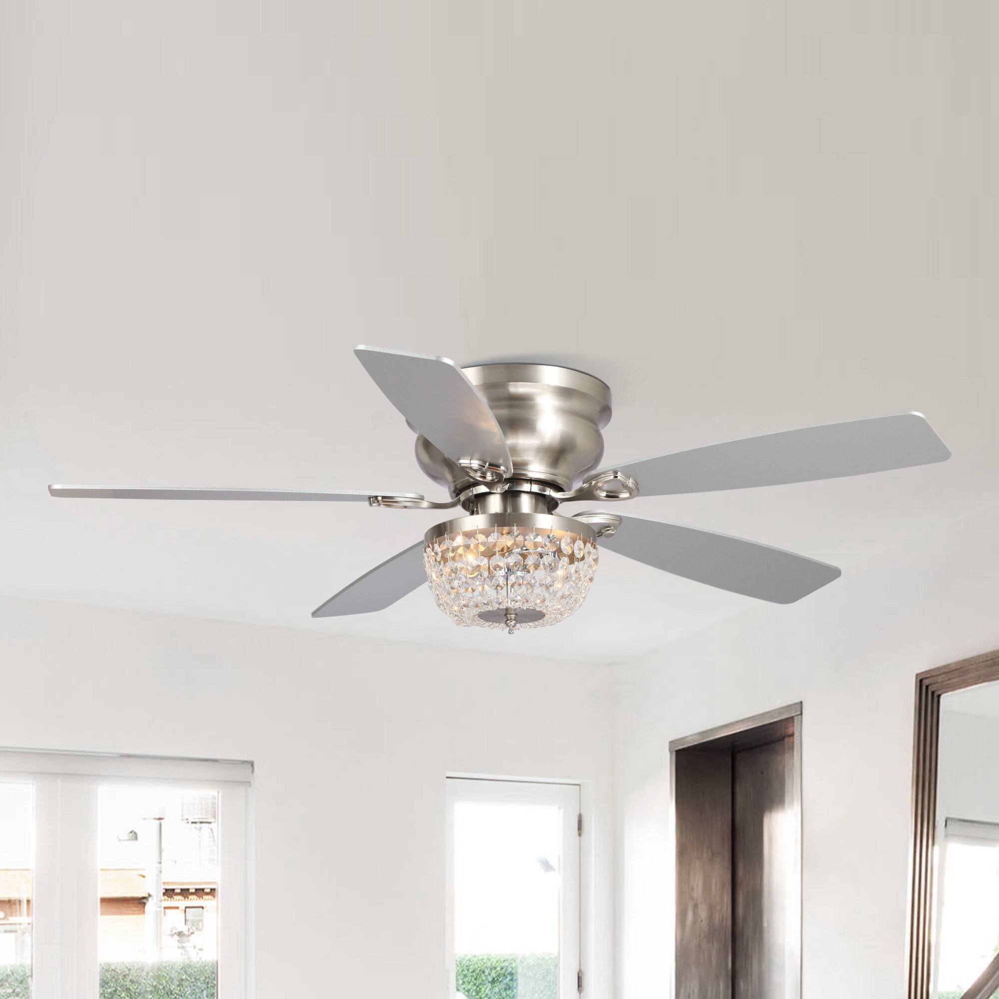 Front. Parrot Uncle - 48" Modern Nickel Low Profile Crystal Ceiling Fan Chandelier with Light and Remote - Nickel.