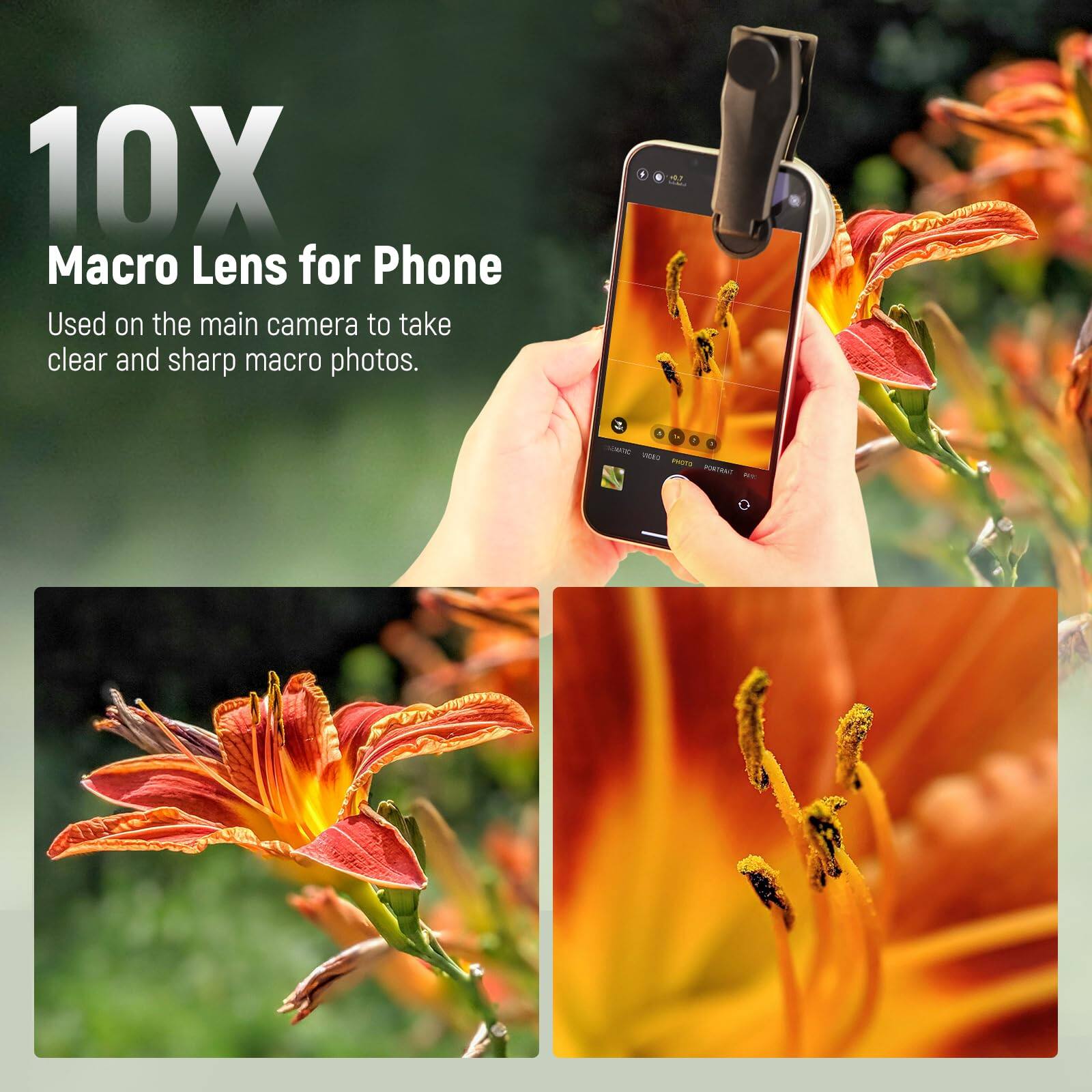 10X Macro Lens for Phone  
Used on the main camera to take clear and sharp macro photos.