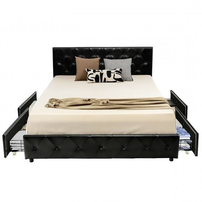 Hivvago - Full Size PU Leather Button Tufted Platform Bed with 4 Storage Drawers - Black